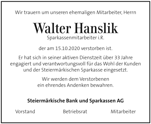 Kleine Zeitung 21.10.2020 - Parte Walter Hanslik